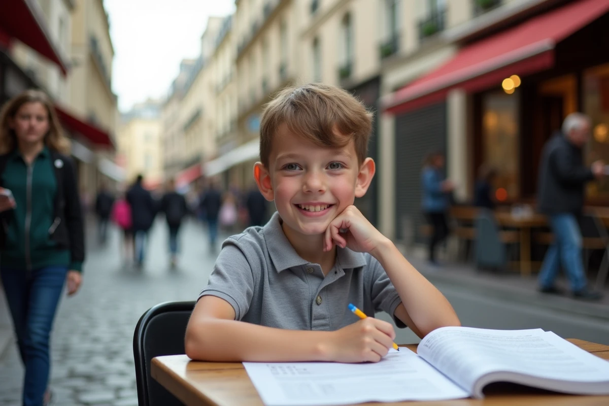 Garçon de 10 ans réfléchissant avec dictionnaire à un café parisien