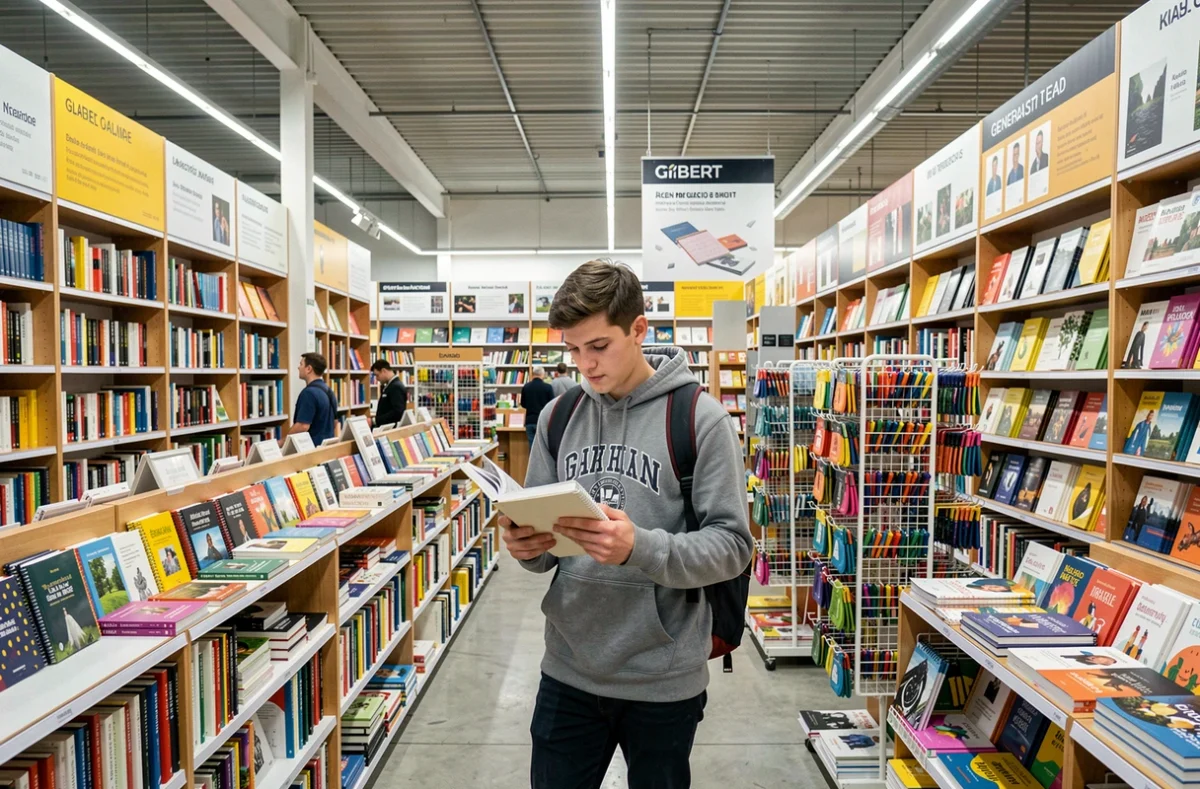 Gibert Marseille, grande librairie généraliste et papeterie avec des rayons de livres neufs et d'occasion, des fournitures scolaires et un jeune client comparant des cahiers dans le rayon papeterie