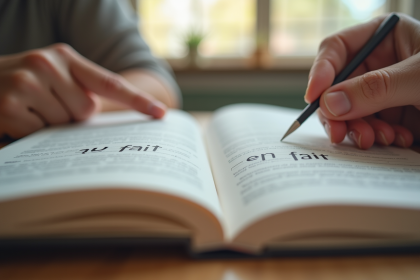 Livre de grammaire française ouvert avec au fait et en fait
