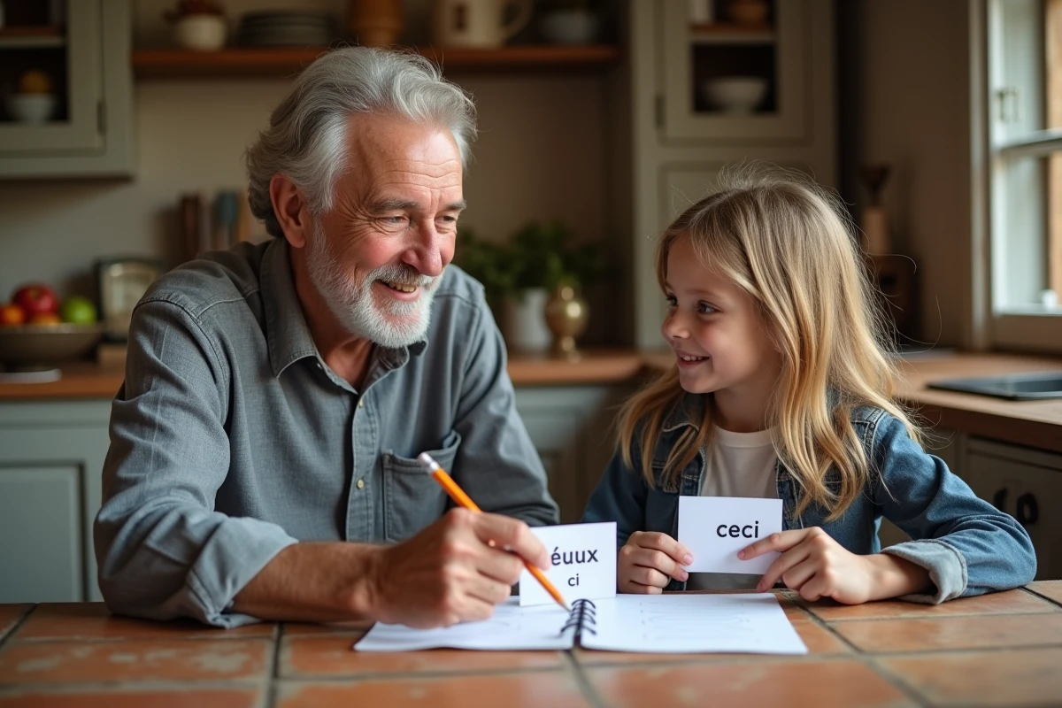Un grand-père aide sa petite-fille à comprendre les démonstratifs ceci et ceux-ci avec des fiches sur une table de cuisine