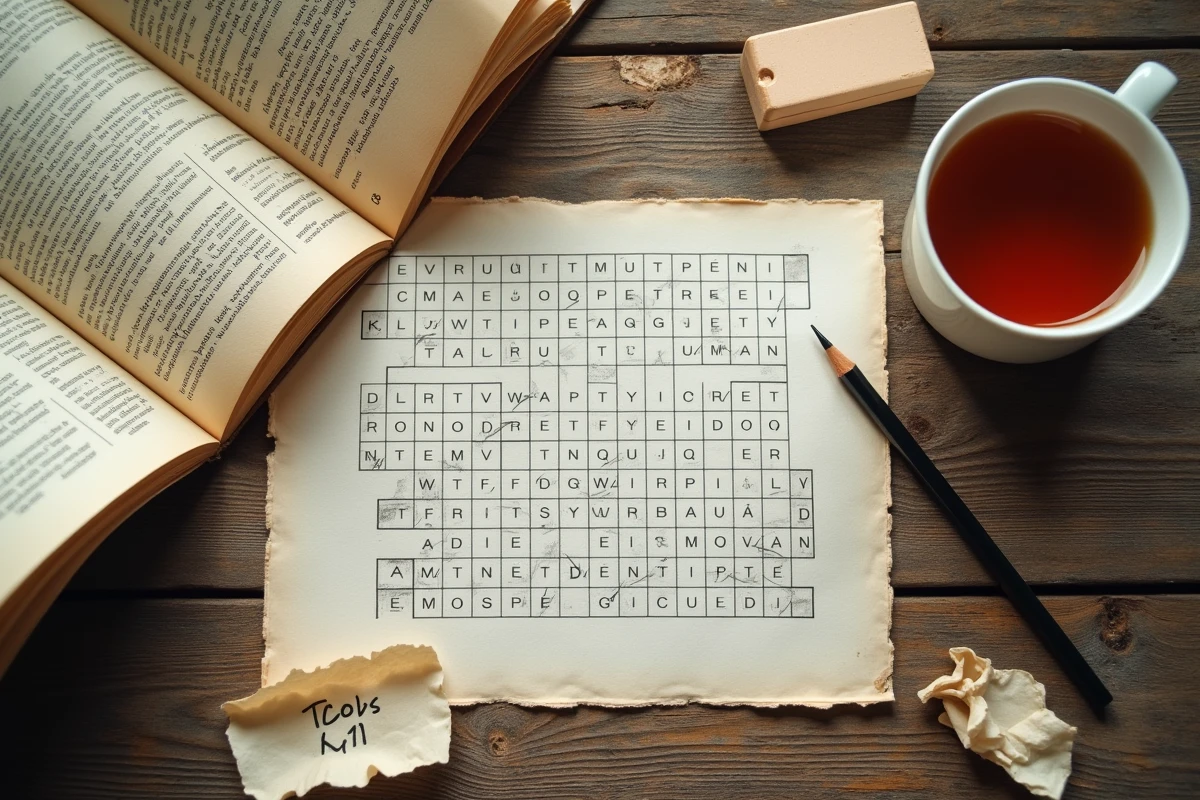 Vue aérienne d'une grille de mots fléchés inachevée entourée d'un dictionnaire, d'une gomme et de tentatives ratées sur papier froissé
