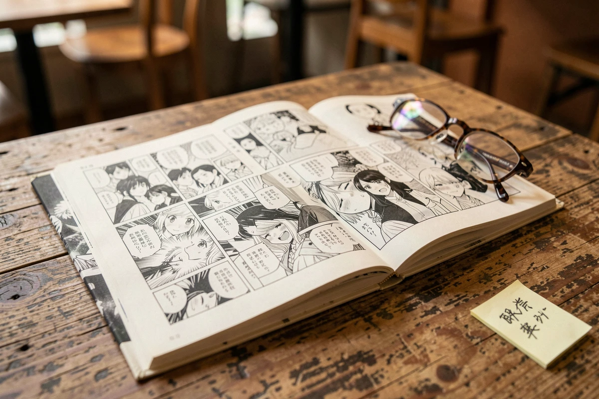 Gros plan d'un volume manga ouvert sur une table en bois avec des lunettes de lecture et une note manuscrite