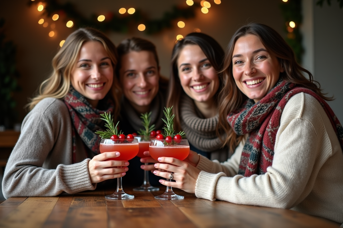 Groupe d'amis autour d'une table de Noël chaleureuse