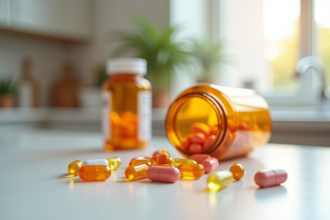 Assortiment de bouteilles de vitamine B et pilules colorées sur une table