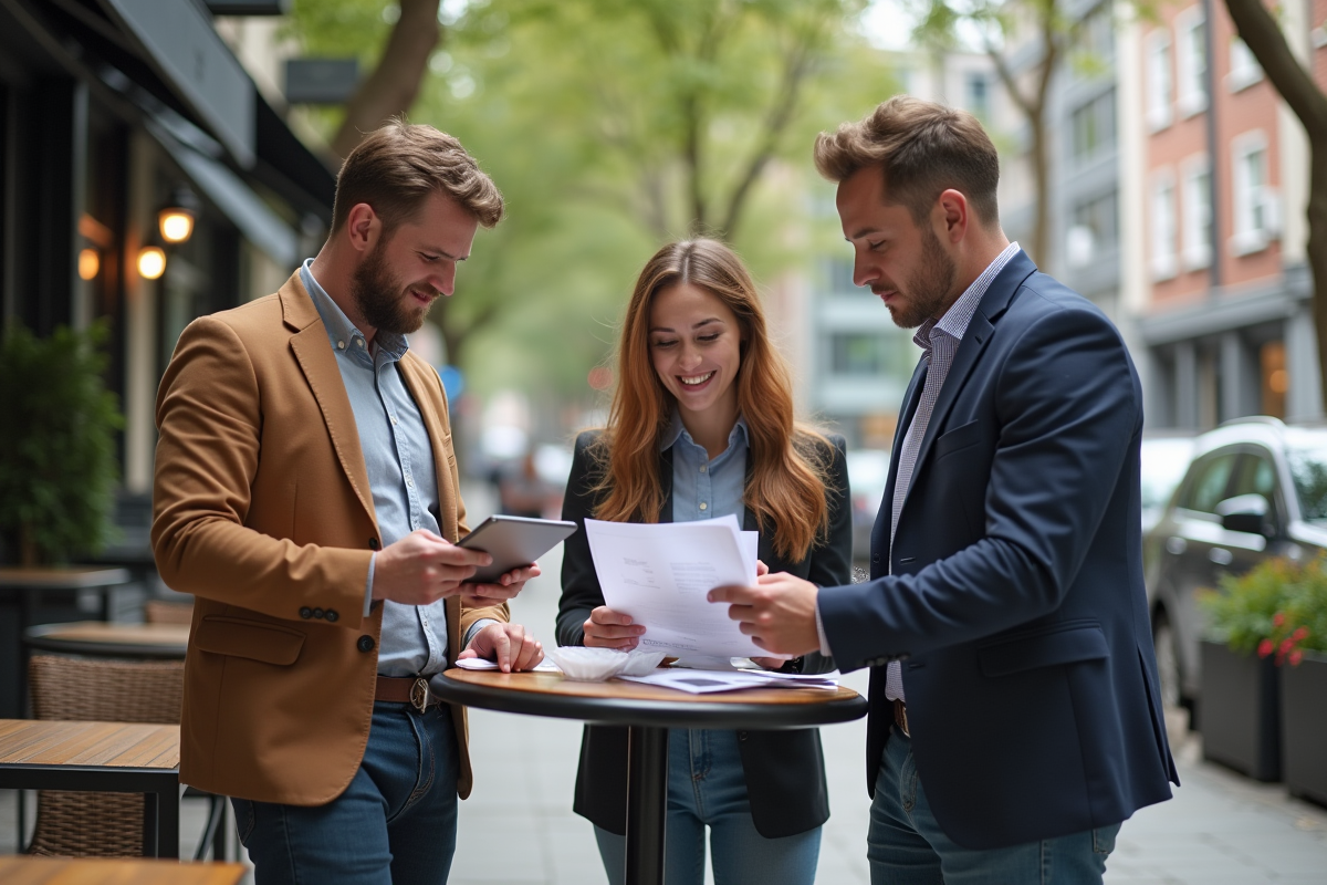 Groupe de trois personnes discutant dans un café en plein air