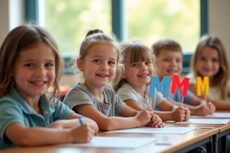 Enfants souriants dans une classe lumineuse avec cartes nom