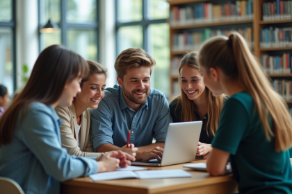 Groupe d'étudiants autour d'un ordinateur dans une bibliothèque lumineuse