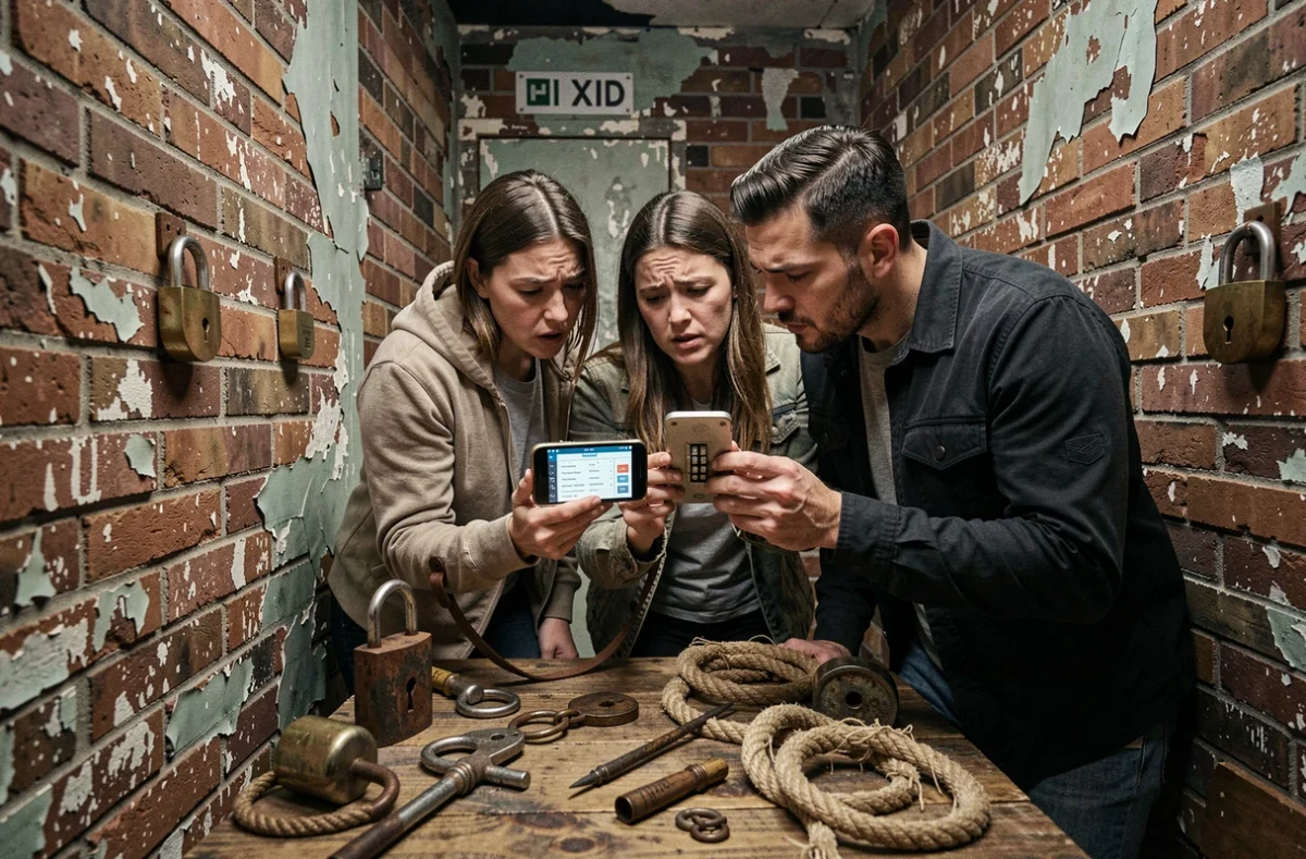 Groupe de joueurs en train de résoudre des énigmes dans une salle d'escape room avec cadenas et accessoires vintage