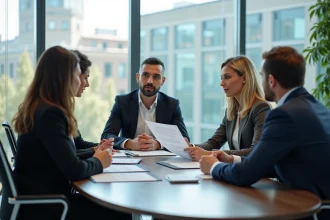 Groupe de professionnels en réunion dans un bureau moderne