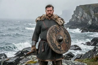 Reconstitution historique d'un guerrier viking en armure de mailles sur une côte nordique brumeuse, évoquant Björn Côte-de-Fer