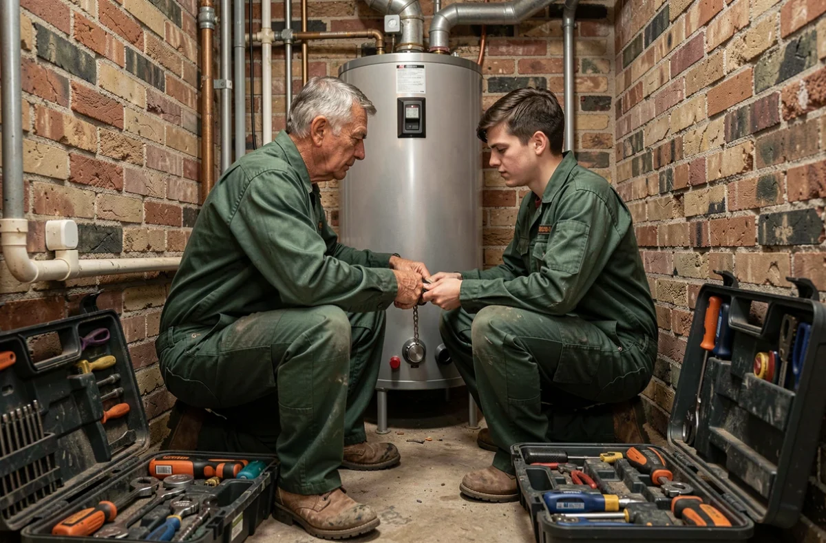 Deux plombiers de Guignery Fils remplacent un chauffe-eau dans une chaufferie, illustrant le travail en équipe de cette entreprise familiale havraise