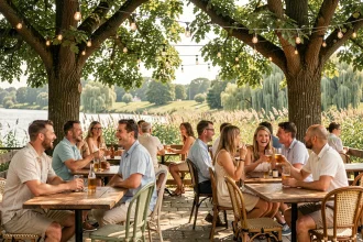 Terrasse animée de la guinguette de La Madeleine au bord de l'eau avec tables en bois et convives en été