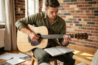 Jeune guitariste apprenant des accords simples sur une guitare acoustique dans un salon chaleureux