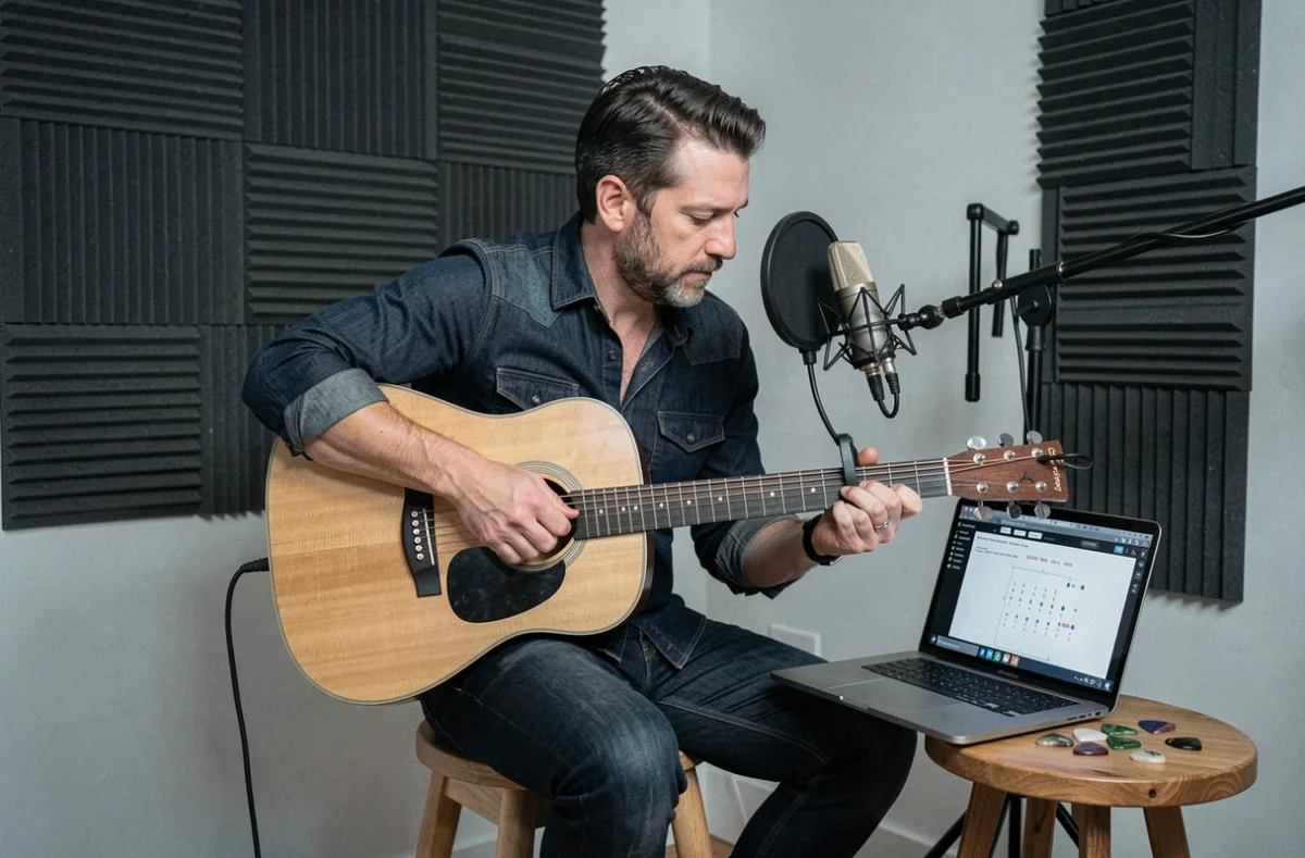 Guitariste avec capo utilisant un logiciel d'accords pour adapter la tonalité de Je te promets à sa voix