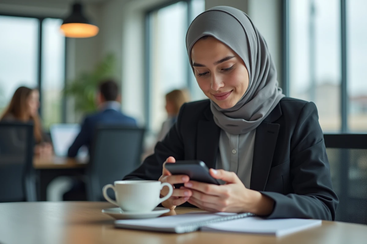 Femme consultant les heures de prière islamique sur son téléphone pendant une pause au bureau