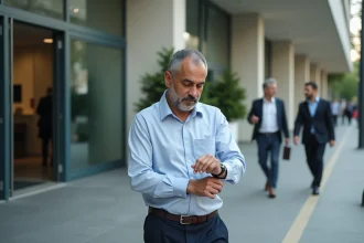 Homme consultant ses horaires de prière devant un immeuble de bureaux à Tremblay-en-France