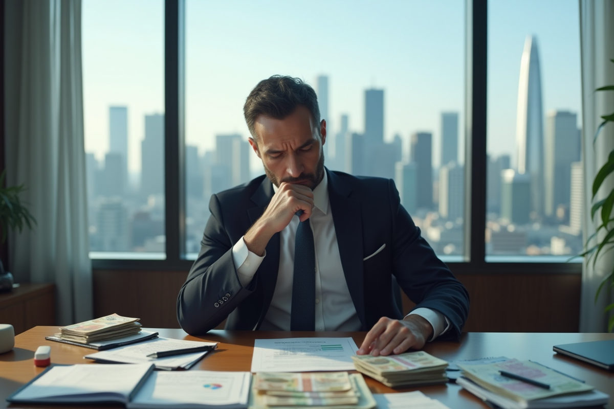 Homme d'affaires en costume examine des documents fiscaux internationaux