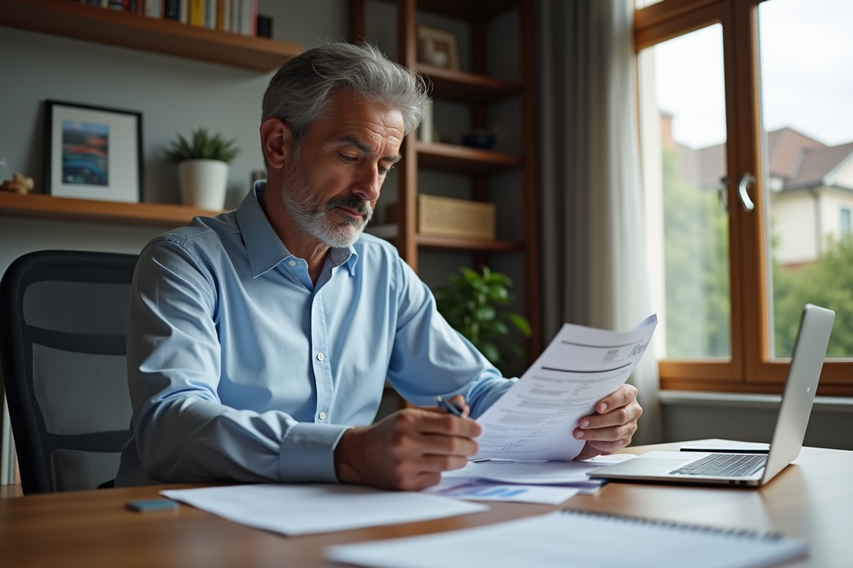 Homme d'affaires en bureau lisant documents immobiliers