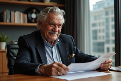 Homme âgé en bureau moderne avec documents financiers