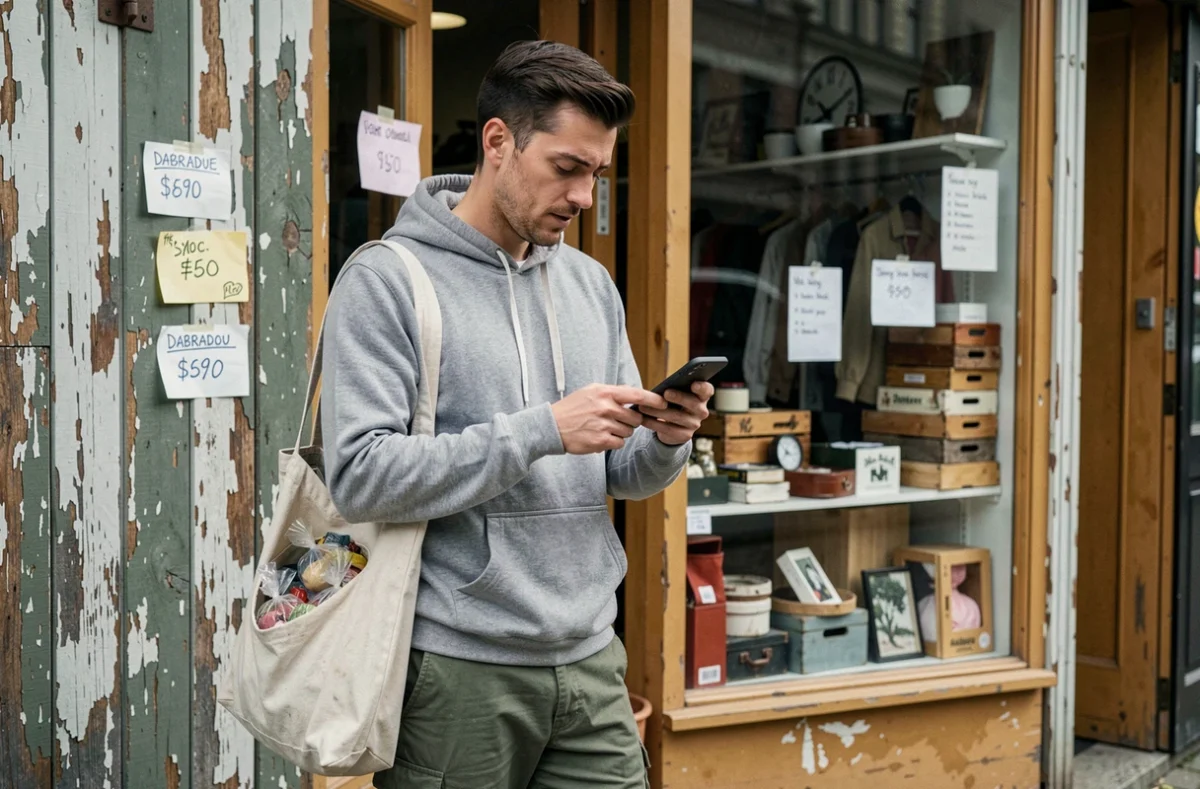 Jeune homme utilisant l'application dabradou devant une boutique de brocante
