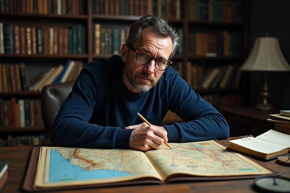Homme studieux consultant un atlas routier du Nevada dans une bibliothèque personnelle
