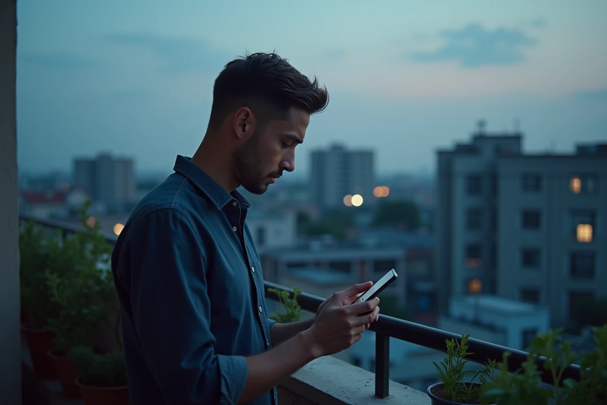 Homme seul sur un balcon urbain regardant l'heure 20h20 sur son téléphone, évoquant le questionnement amoureux et les signes du destin