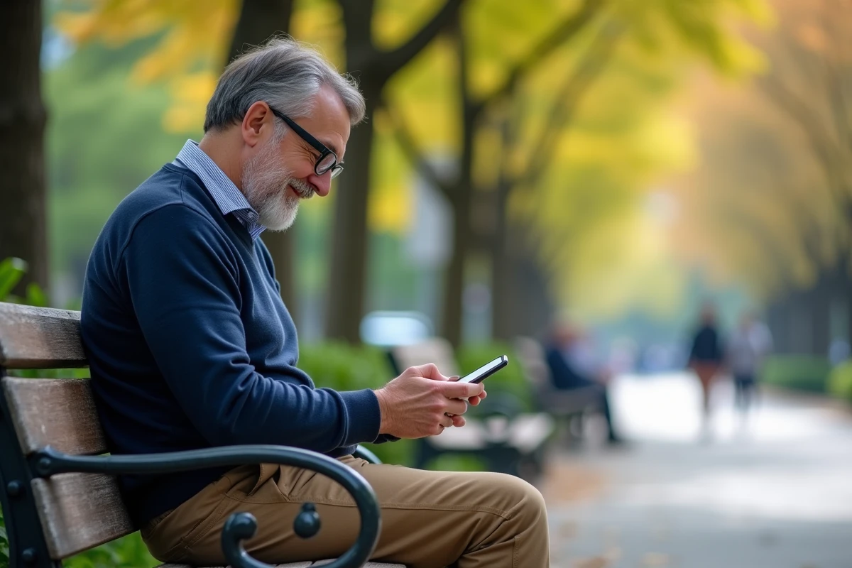 Homme lisant manga sur smartphone dans un parc urbain