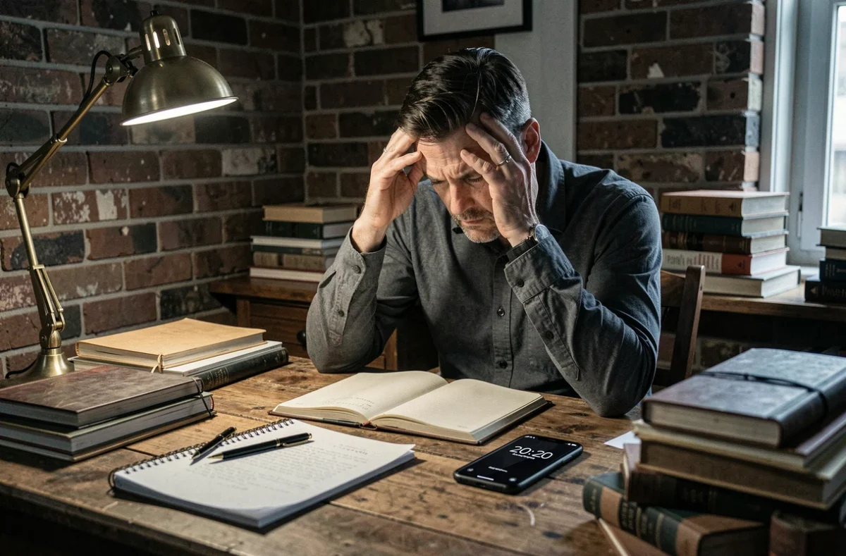 Homme en réflexion devant un bureau avec smartphone affichant l'heure miroir 20h20