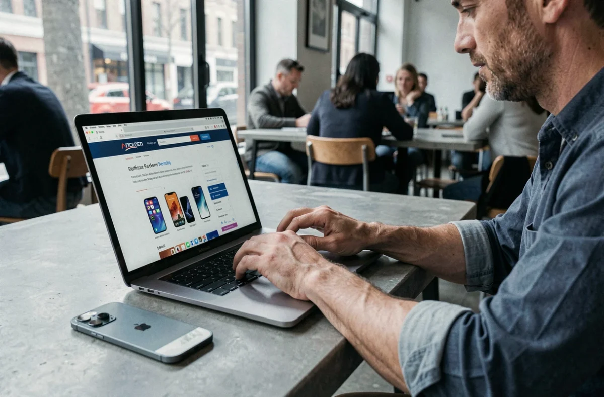 Homme comparant des prix d'iPhone 15 reconditionnés sur un site web dans un café urbain
