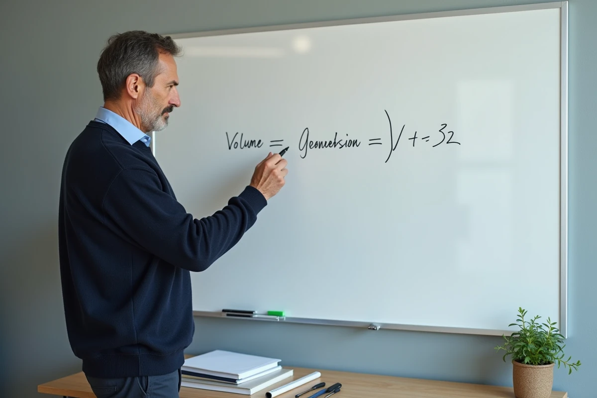 Homme écrivant une méthode de conversion de volume en cm sur un tableau blanc dans un bureau épuré à domicile