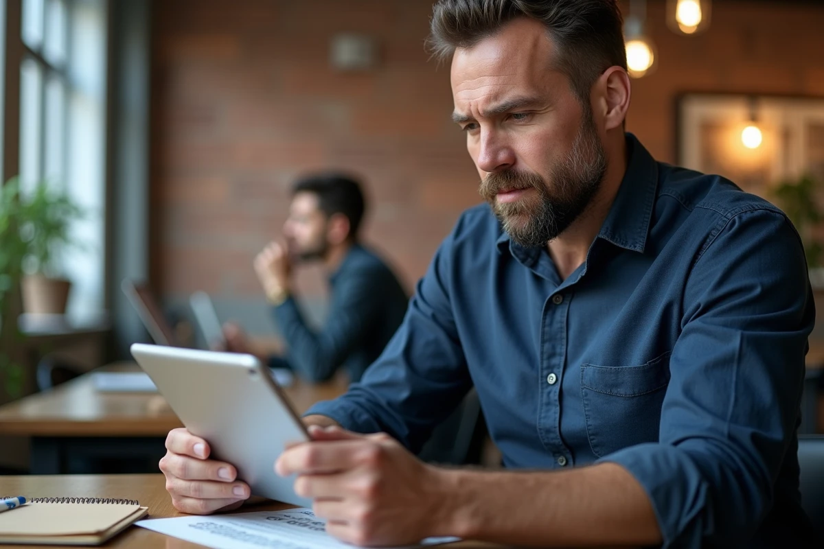 Homme en espace de coworking consultant un magazine numérique sur tablette pour optimiser ses recherches