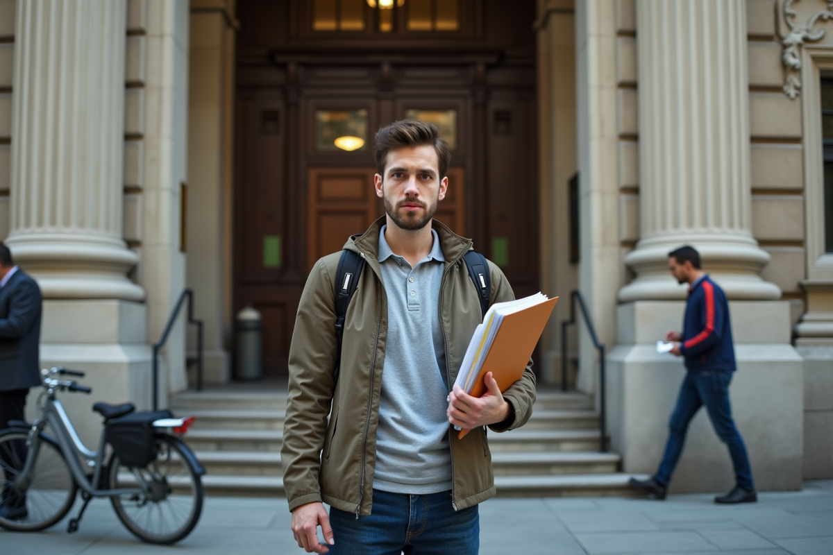 Jeune homme debout devant un palais de justice avec un dossier en main