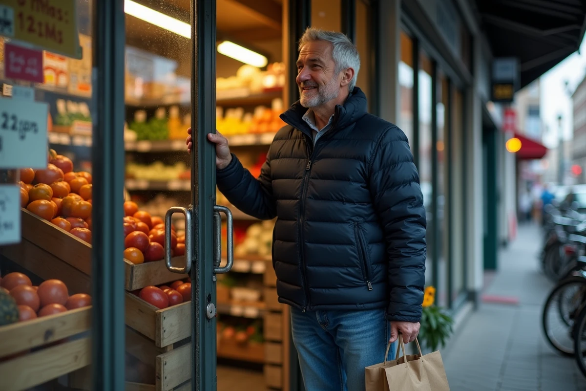 Homme entrant dans une épicerie de quartier ouverte grâce à une recherche de commerce de proximité