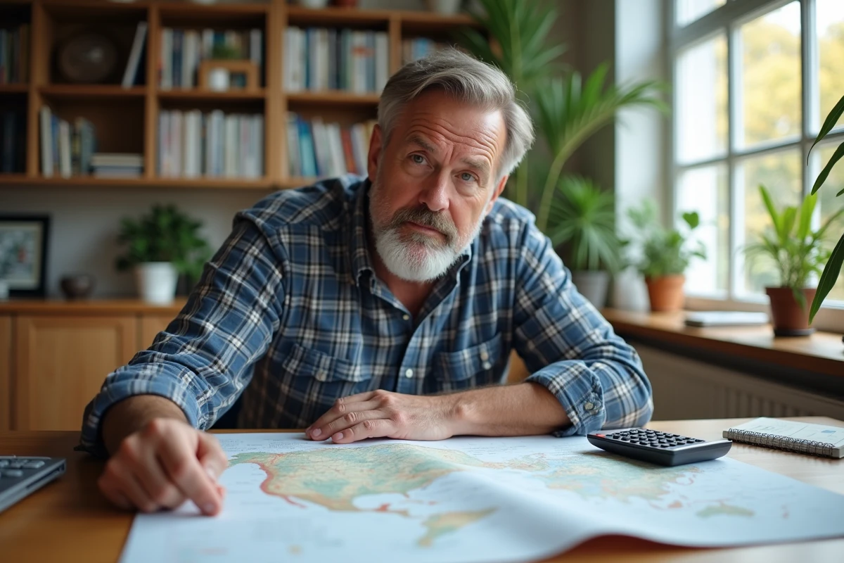 Homme d'âge moyen étudie une carte dans un bureau lumineux