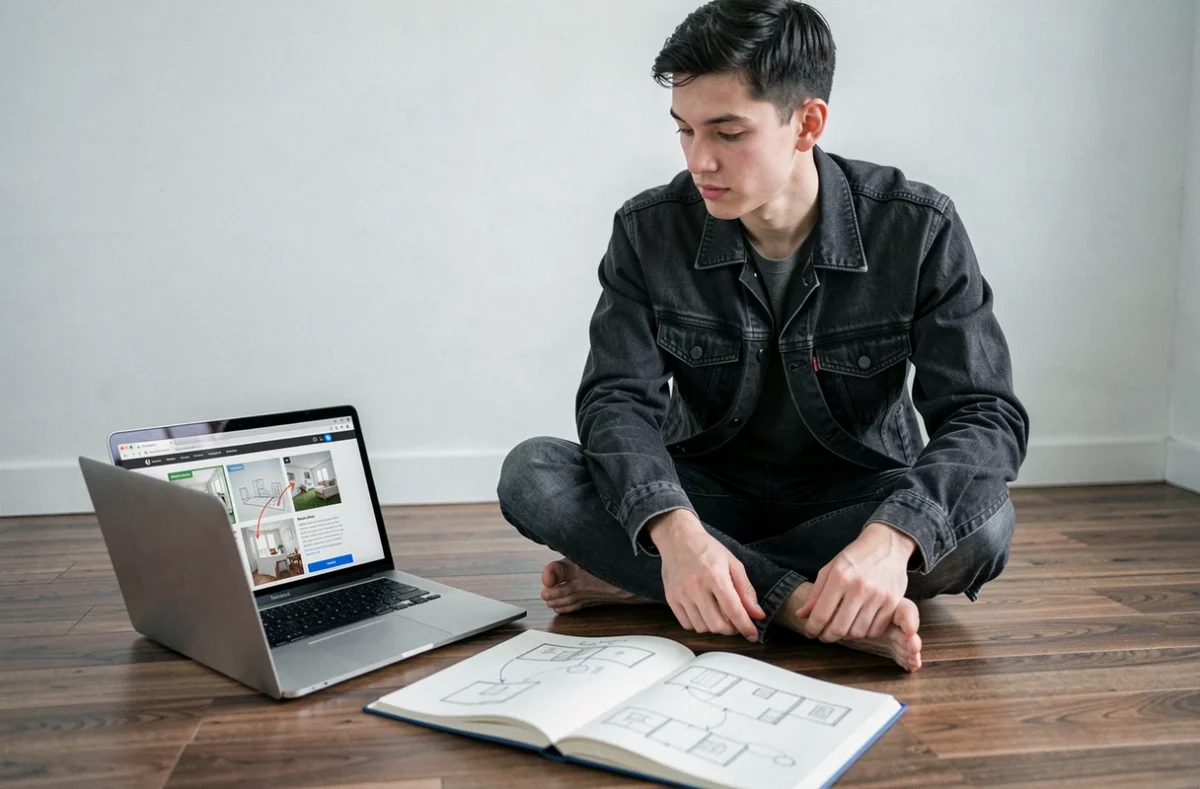 Jeune homme consultant un guide de solution sur ordinateur portable avec des notes dessinées à la main pour un jeu Room