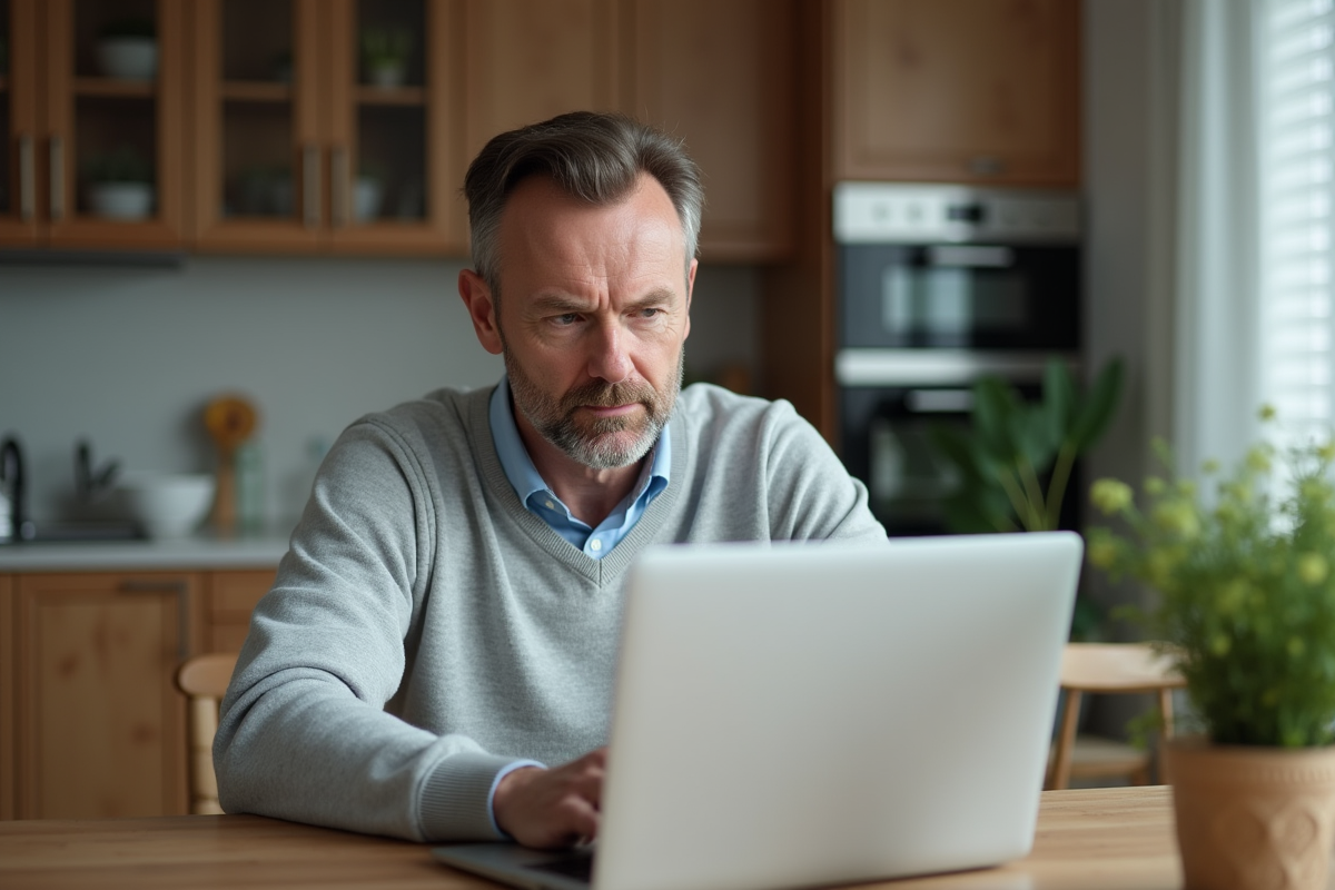 Homme d âge moyen vérifiant ses options d investissement à la maison