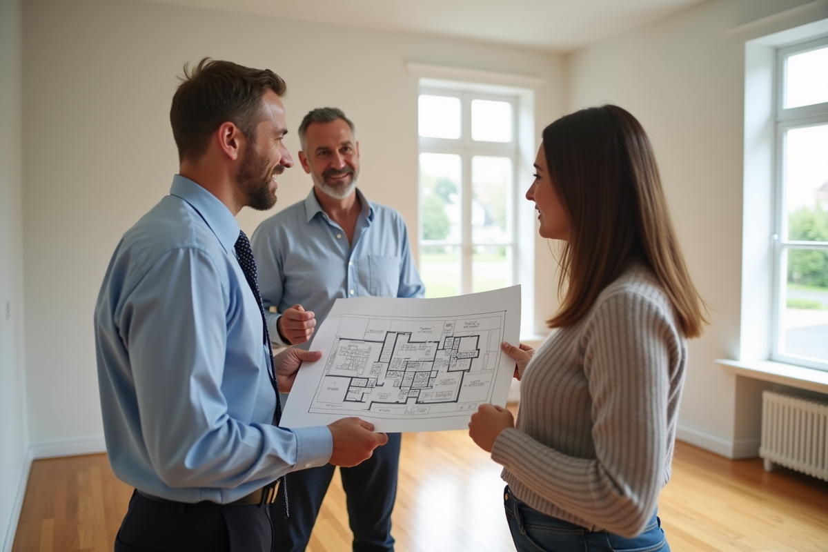 Homme montrant un plan de maison à un couple dans une maison lumineuse