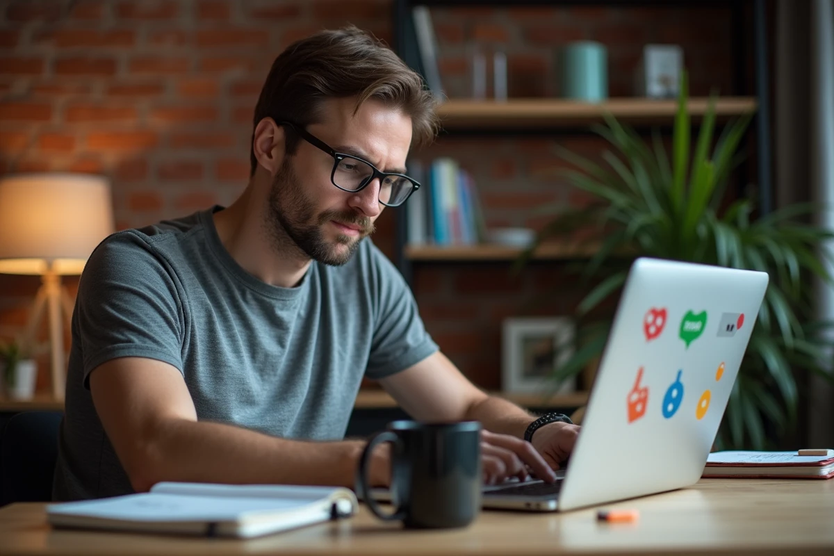 Homme consultant des liens de dés gratuits pour Monopoly Go sur ordinateur portable dans un bureau à domicile
