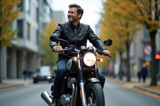 Homme en moto Avengers dans une rue urbaine