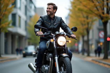 Homme en moto Avengers dans une rue urbaine