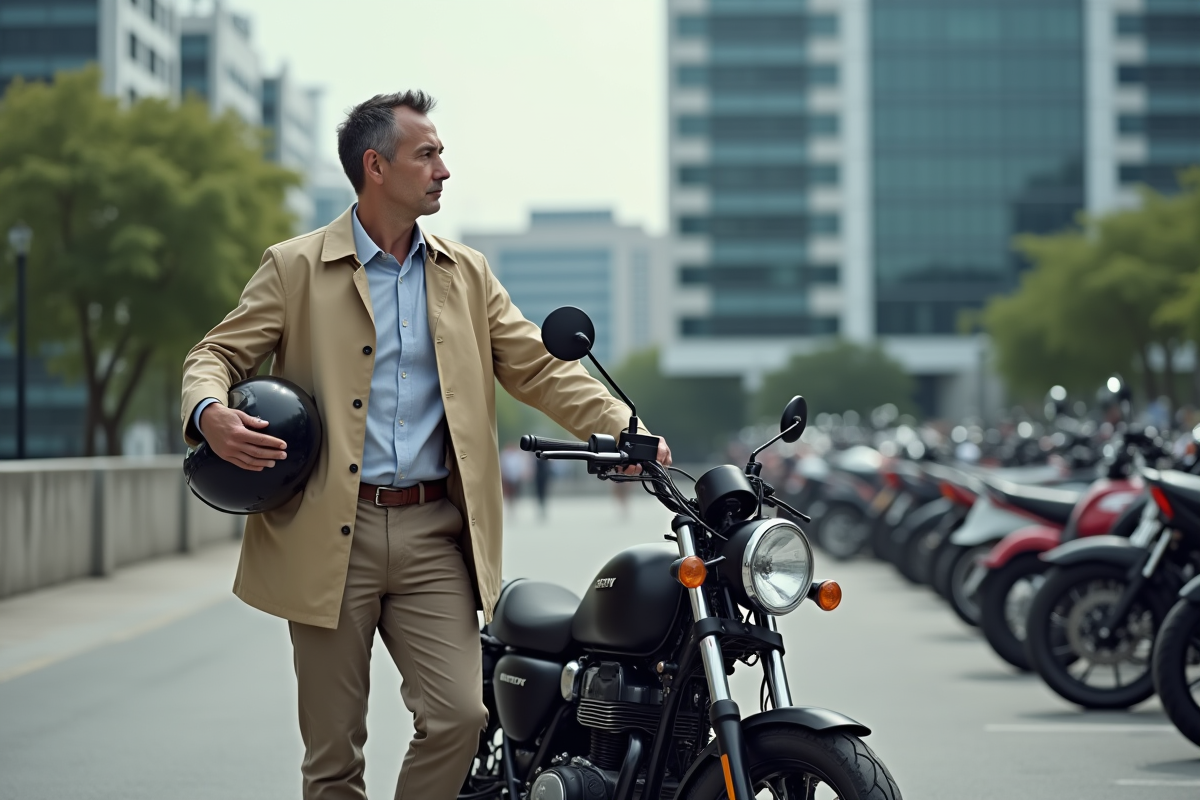 Homme middleaged garé sa moto au parking de bureau