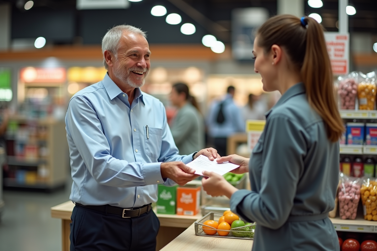 Homme remettant un chèque au comptoir du supermarche