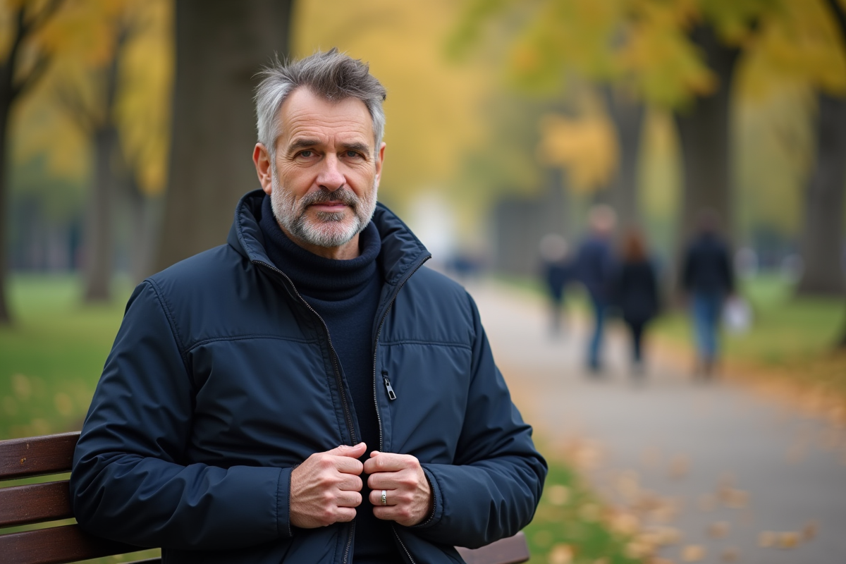 Homme mature en veste dans un parc automnal
