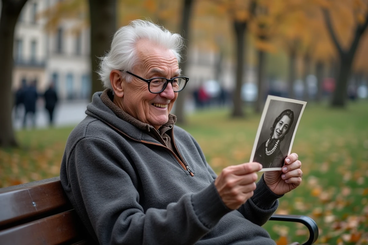 Homme âgé regardant une photo ancienne dans un parc parisien