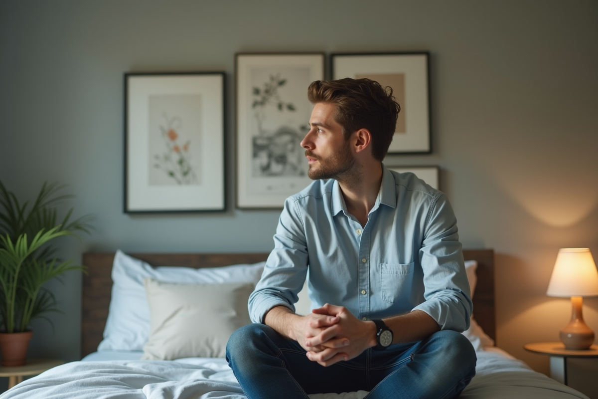 Homme pensif assis sur le lit dans une chambre minimaliste