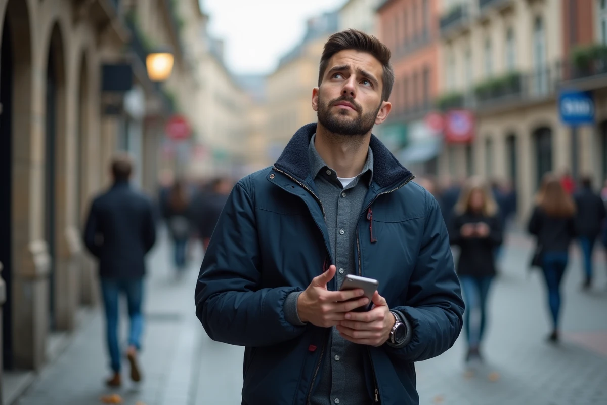 Homme pensif dans une rue européenne en automne tenant son téléphone, évoquant l'impact émotionnel de la chanson Elle me dit de Mika