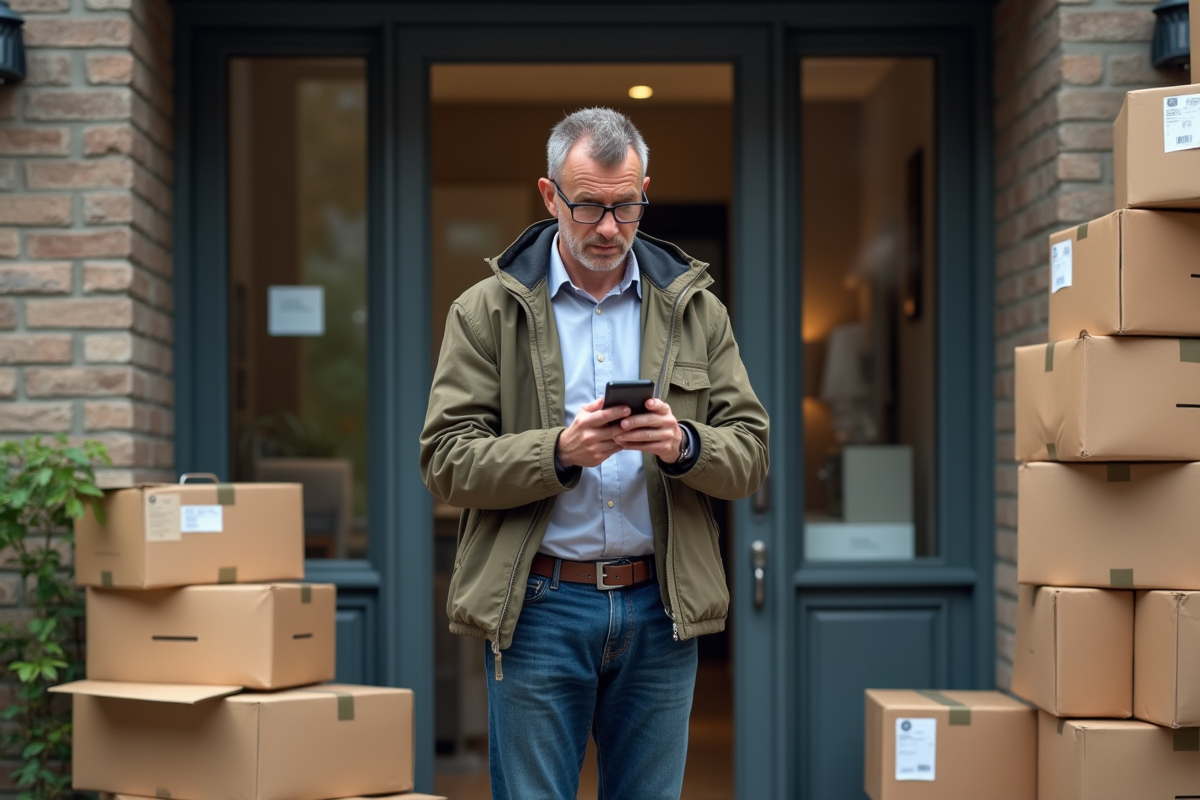 Homme vérifiant ses colis devant un immeuble