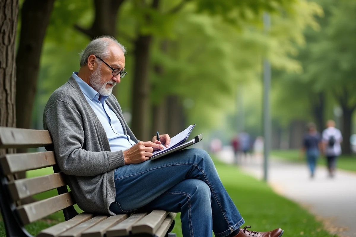 Homme retraité en plein air consulte ses économies dans un parc
