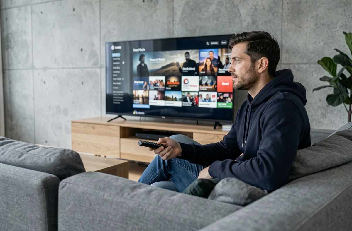 Homme en train de sélectionner un film sur une interface de streaming affichée sur un téléviseur dans un salon moderne