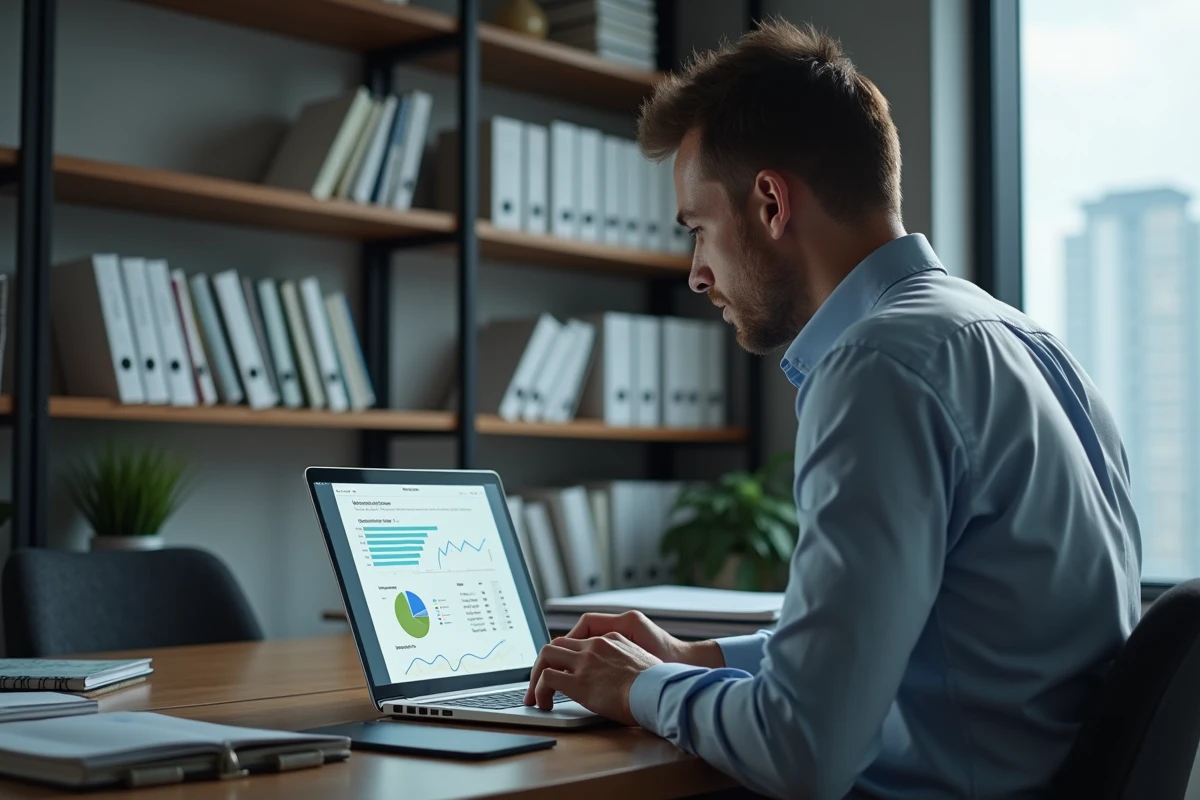 Homme en bureau étudiant un rapport Insee sur son ordinateur